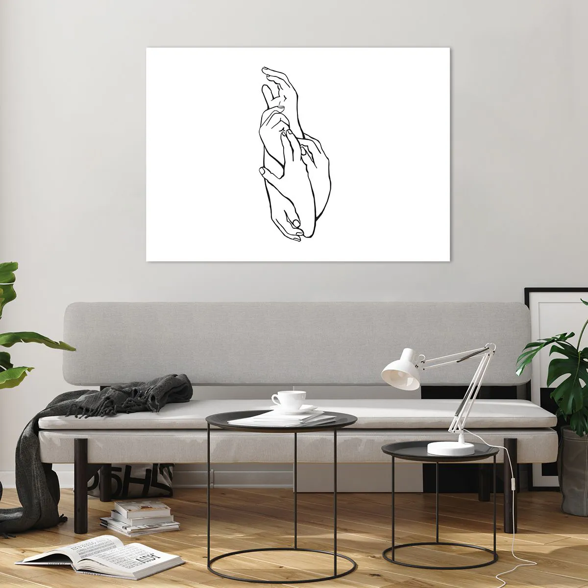 Impression sur verre - Image sur verre - Un dessin linéaire subtil de mains jointes sur un fond blanc. - 100x70cm - Bon contact - Décoration murale moderne pour le salon et la chambre ARTTOR