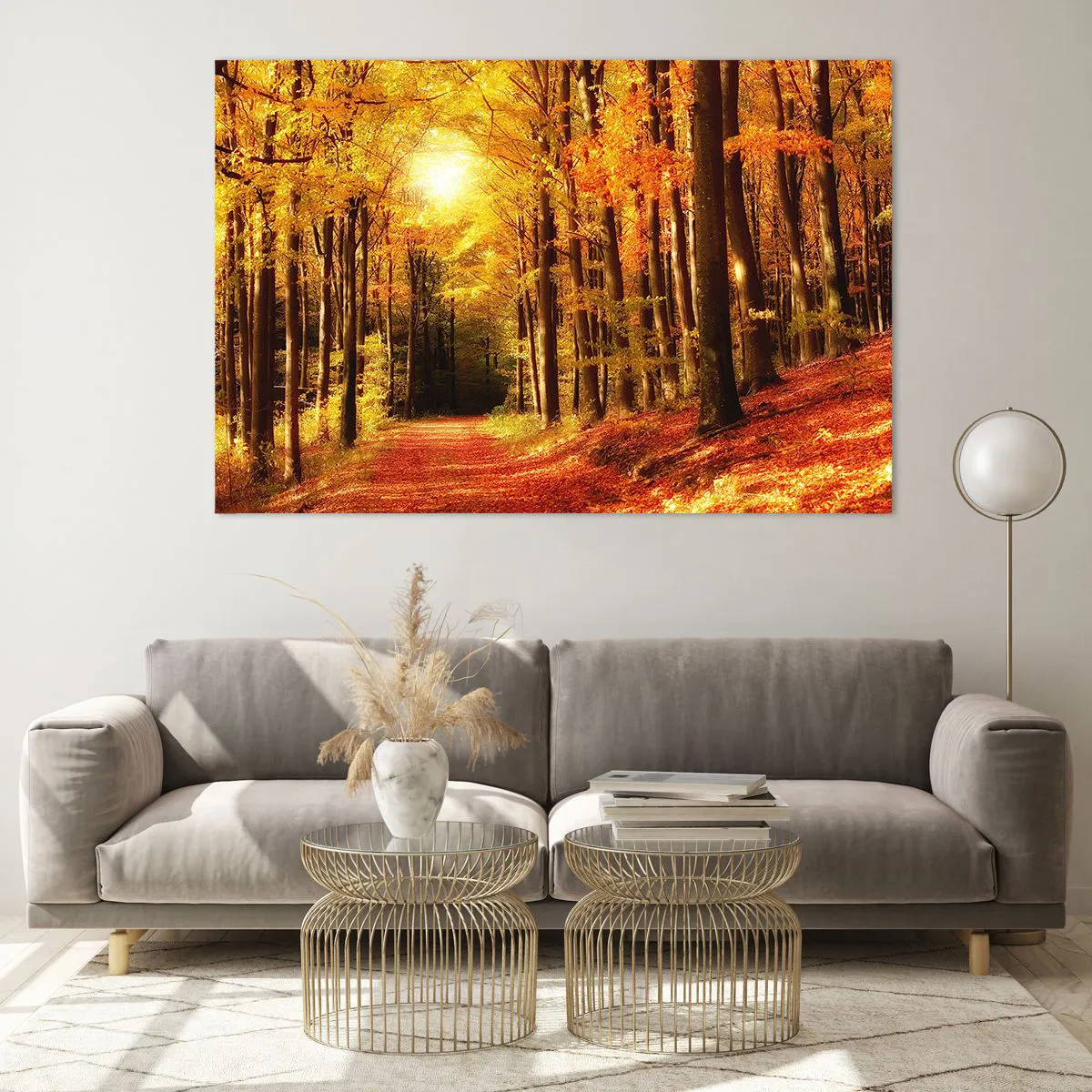 Glass picture - Golden Autumn on a Forest Path - 120x80 cm