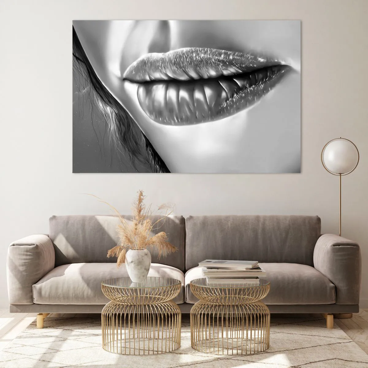 Impression sur verre - Image sur verre - Lèvres féminines sensuelles aux tons monochromes - 120x80cm - Je sais à quoi tu penses… - Décoration murale moderne pour le salon et la chambre ARTTOR