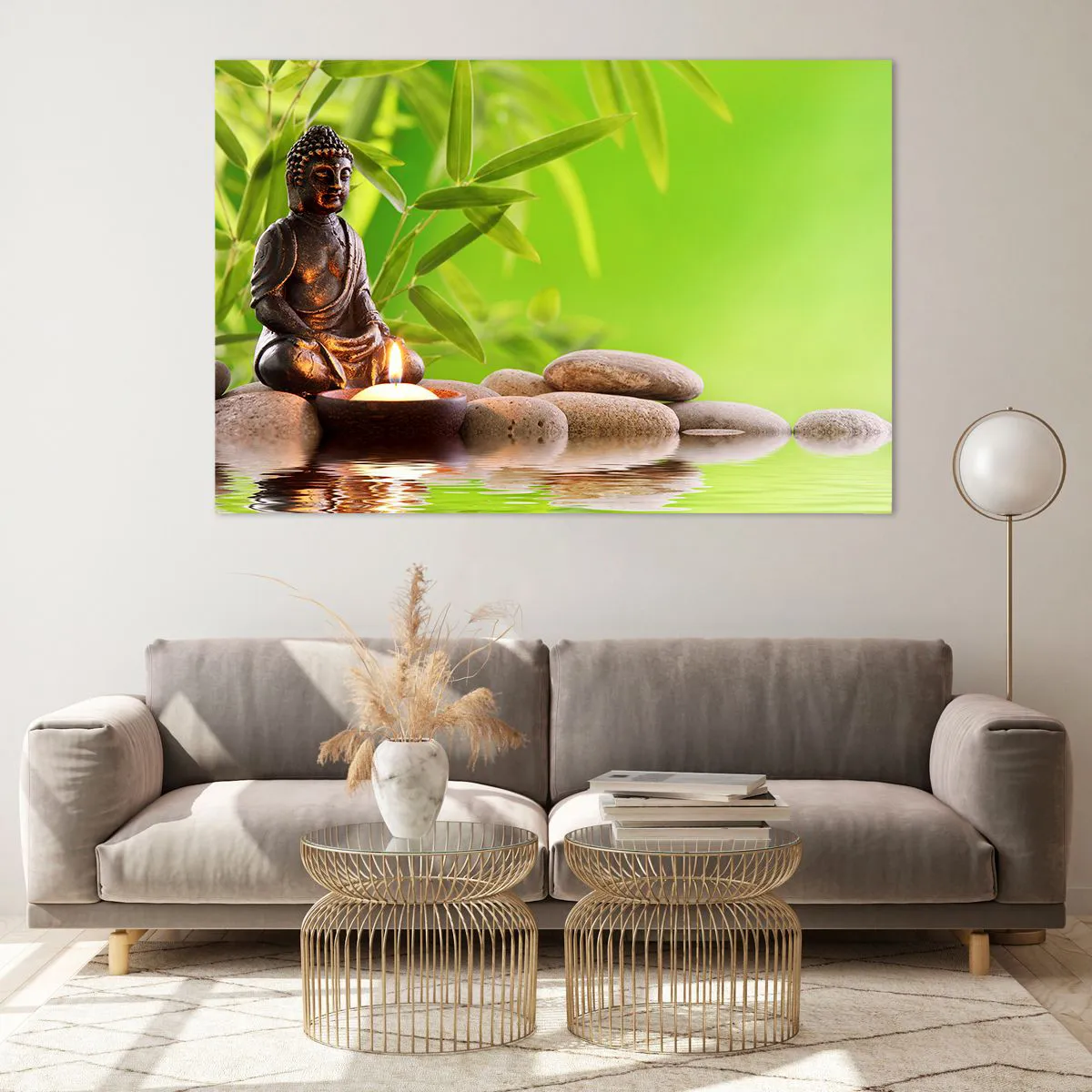 Impression sur verre - Image sur verre - Une figure de Bouddha avec une bougie allumée dans un cadre verdoyant - 120x80cm - La vie est belle - Décoration murale moderne pour le salon et la chambre ARTTOR