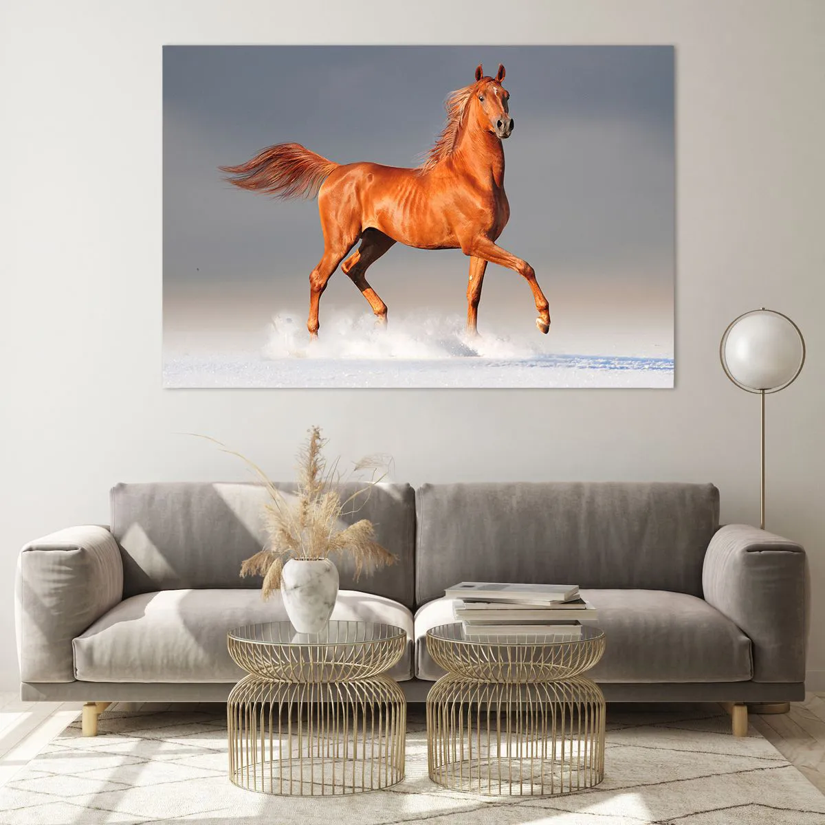 Obraz na szkle - Galopujący koń na tle jasnego nieba - 120x80cm - Tańcząca gracja - Nowoczesna dekoracja ścienna do salonu, kuchni i sypialni ARTTOR