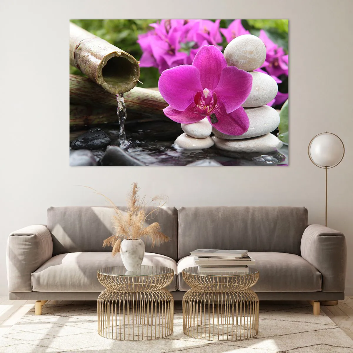 Obraz na szkle - Fioletowa orchidea, kamienie i bambusowy wodospad - 120x80cm - Już odpoczywasz - Nowoczesna dekoracja ścienna do salonu, kuchni i sypialni ARTTOR