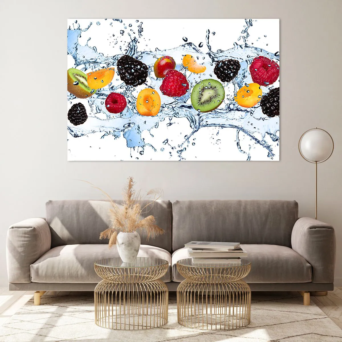 Cuadro sobre vidrio - Impresiones sobre Vidrio - Frutas coloridas en agua sobre un fondo blanco. - 120x80cm - Juega con nosotros - Decoración de pared moderna para salón y dormitorio ARTTOR