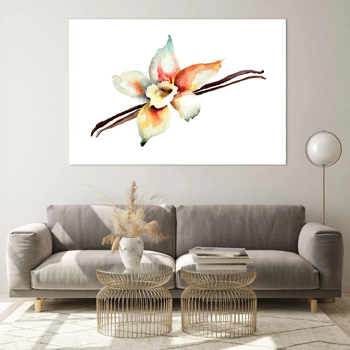 Glasbild - Bild auf glas - Aquarell-Illustration einer Vanilleblüte auf weißem Hintergrund - 120x80cm - Süße mit Farbe verschüttet - Moderne Wanddekoration für Wohnzimmer und Schlafzimmer ARTTOR