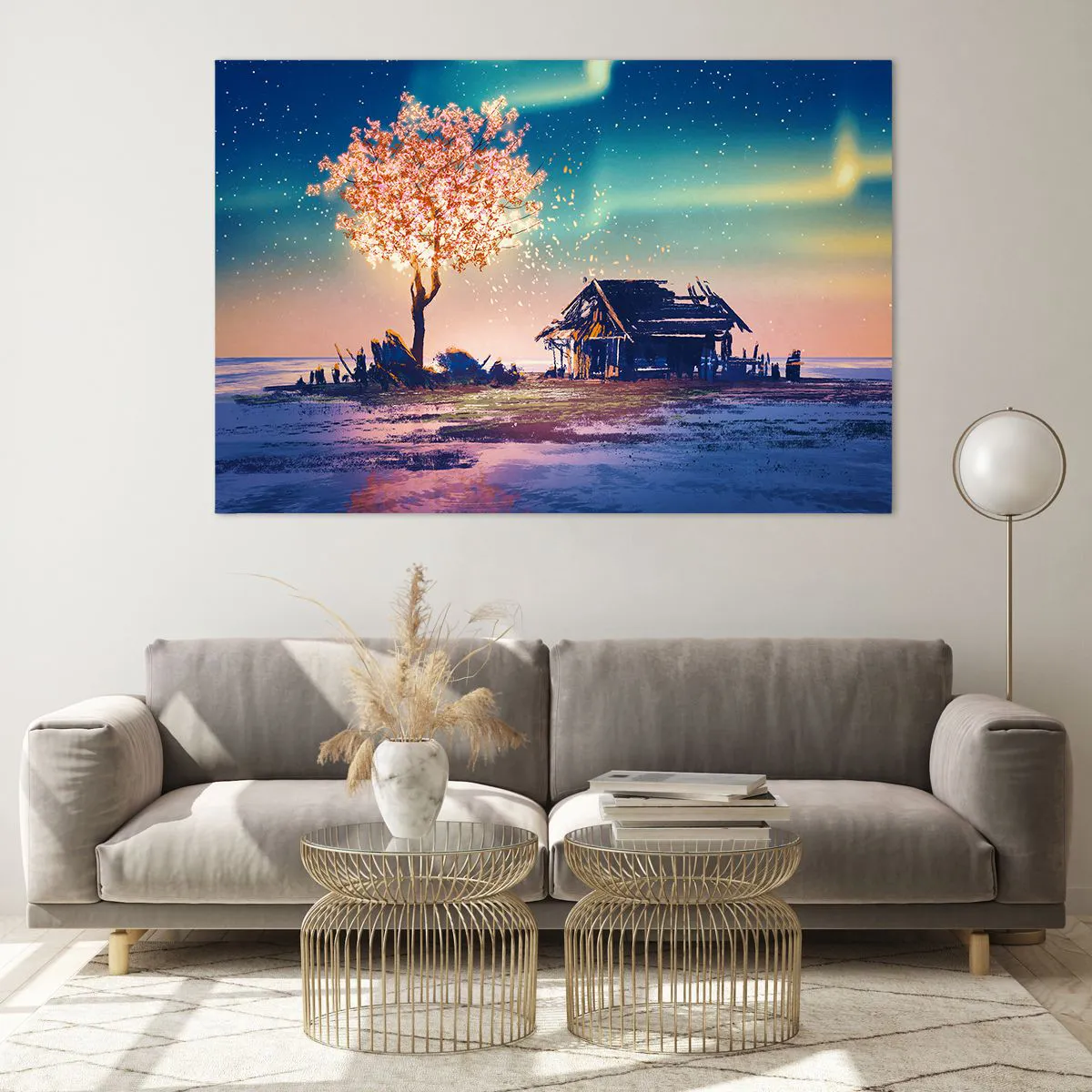 Impression sur verre - Image sur verre - Un paysage magique avec un arbre en fleurs et un chalet - 120x80cm - La nature ne passe pas - Décoration murale moderne pour le salon et la chambre ARTTOR