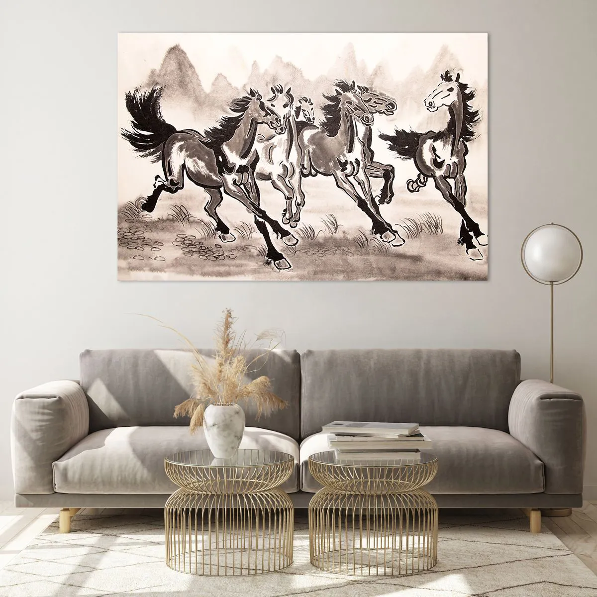 Quadro su vetro - Un gruppo di cavalli al galoppo in stile cinese - 120x80cm - Al galoppo con gioia - Decorazione murale moderna per soggiorno e camera da letto ARTTOR