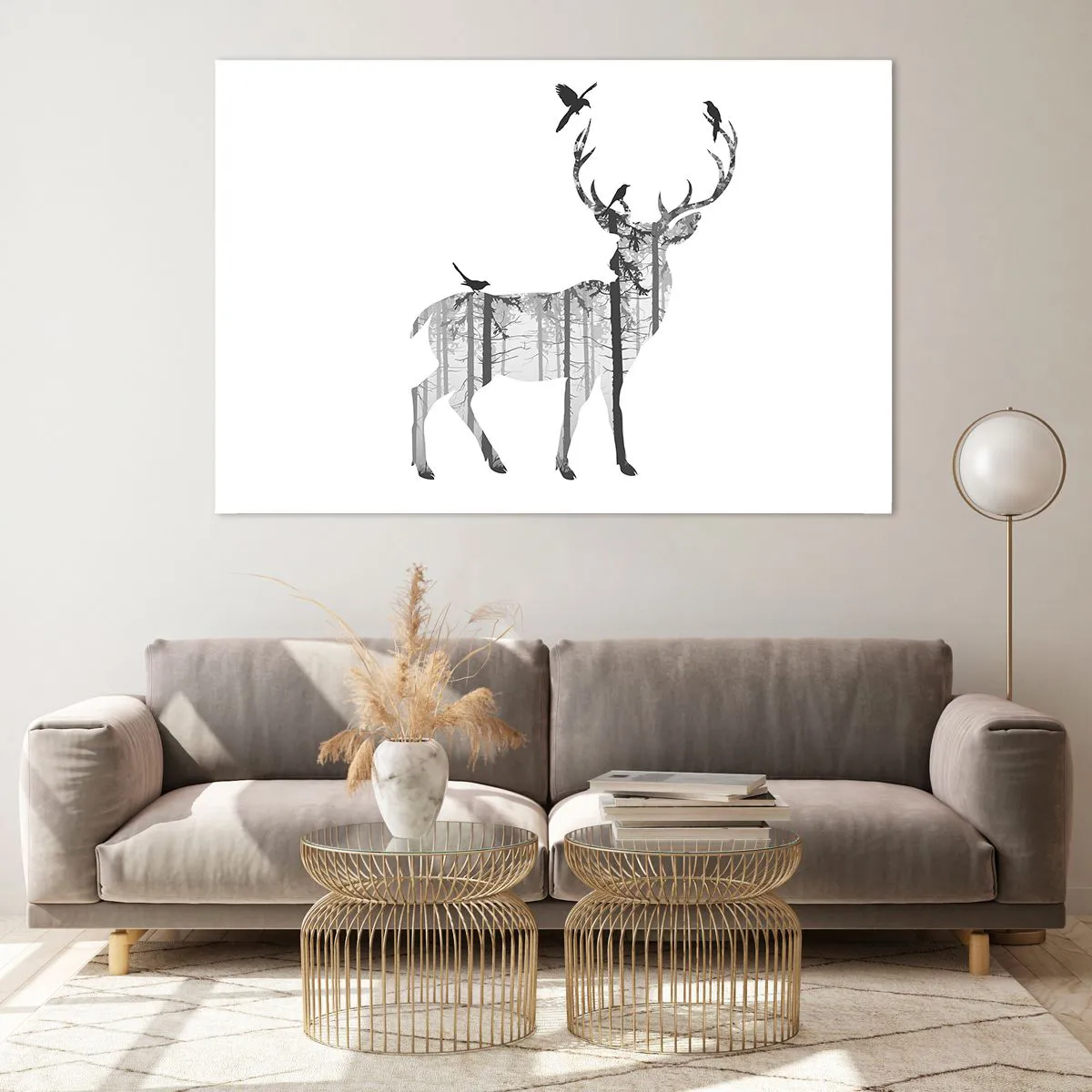 Impression sur verre - Image sur verre - Silhouette graphique d'un cerf avec un motif de forêt et d'oiseaux - 120x80cm - La bonne âme de la forêt - Décoration murale moderne pour le salon et la chambre ARTTOR