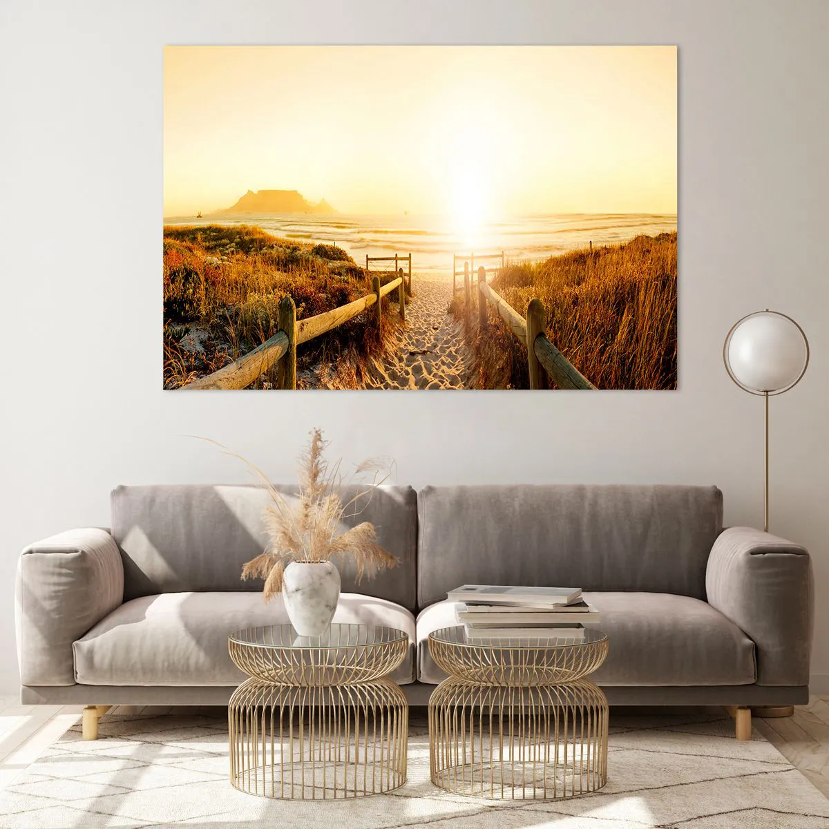 Cuadro sobre vidrio - Impresiones sobre Vidrio - Camino sobre la duna que conduce a la playa al atardecer - 120x80cm - A través de la duna, hacia el sol - Decoración de pared moderna para salón y dormitorio ARTTOR