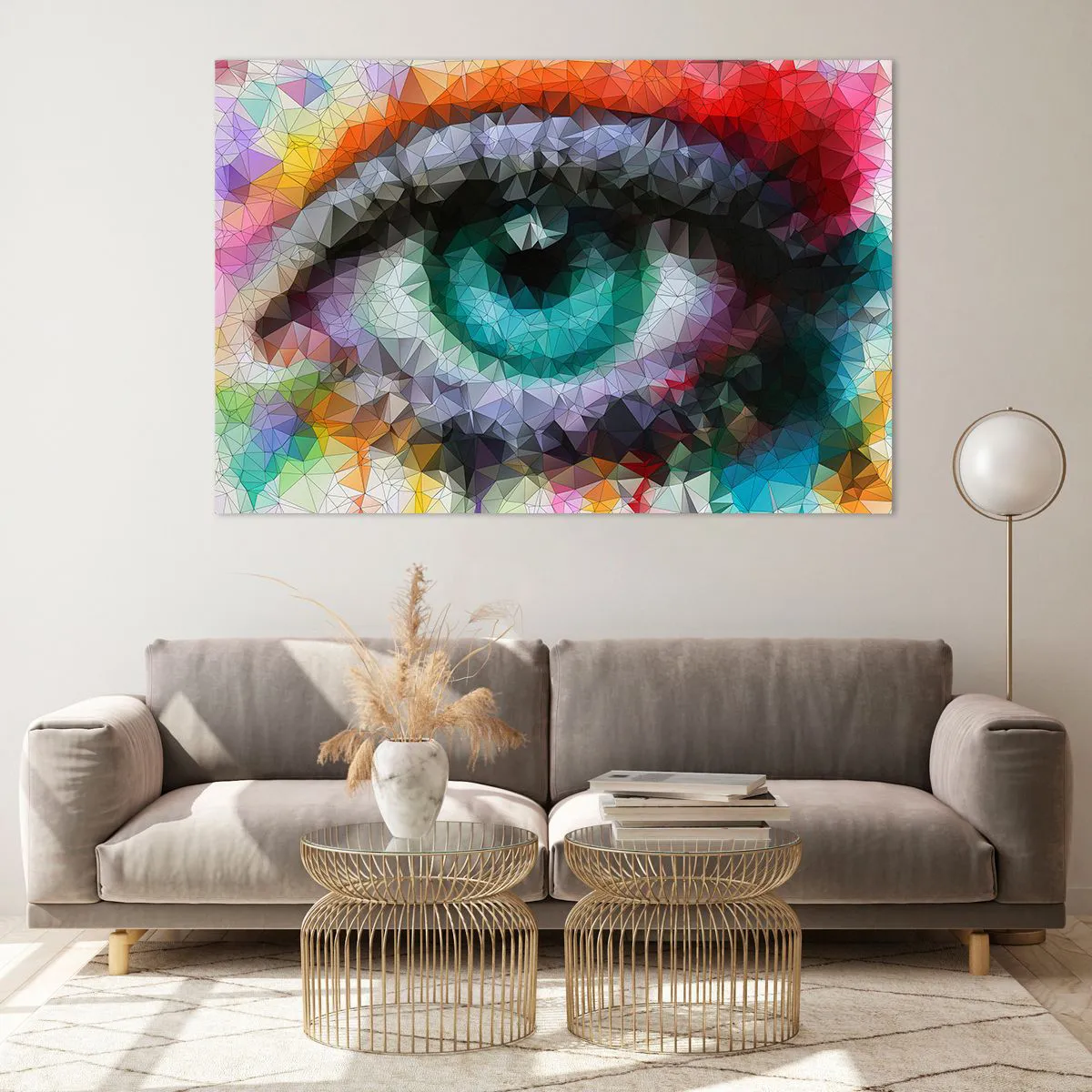 Glasbild - Bild auf glas - Ein geometrisches Auge in leuchtenden Farben mit Kristalleffekt. - 120x80cm - Kristallines Leuchten der Augen - Moderne Wanddekoration für Wohnzimmer und Schlafzimmer ARTTOR