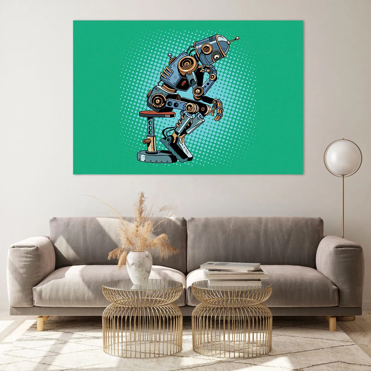 Impression sur verre - Image sur verre - Un robot penseur sur un fond de motif pop art vert. - 120x80cm - Au-dessus de l'essence de l'être - Décoration murale moderne pour le salon et la chambre ARTTOR