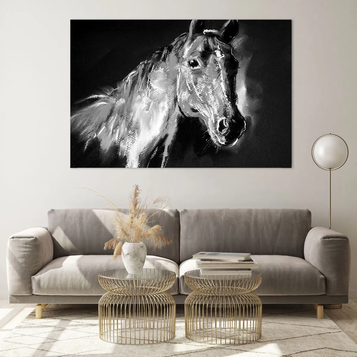 Glasbild - Bild auf glas - Porträt eines Pferdes in Schwarz-Weiß-Tönen auf dunklem Hintergrund - 120x80cm - Das Leuchten einer edlen Seele - Moderne Wanddekoration für Wohnzimmer und Schlafzimmer ARTTOR