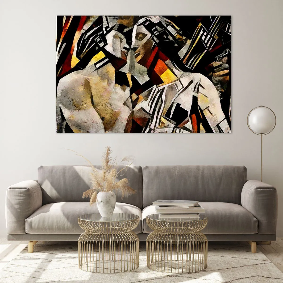 Cuadro sobre vidrio - Impresiones sobre Vidrio - Pareja abstracta en patrones geométricos - 120x80cm - Un beso escultural - Decoración de pared moderna para salón y dormitorio ARTTOR