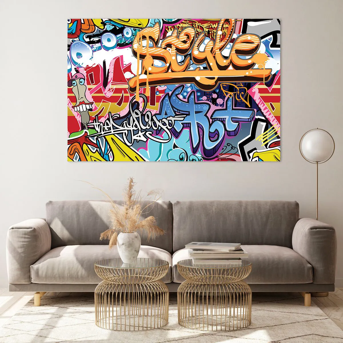 Impression sur verre - Image sur verre - Graffitis colorés avec inscriptions et dessins dynamiques - 120x80cm - Fresques, fresques, fresques… - Décoration murale moderne pour le salon et la chambre ARTTOR
