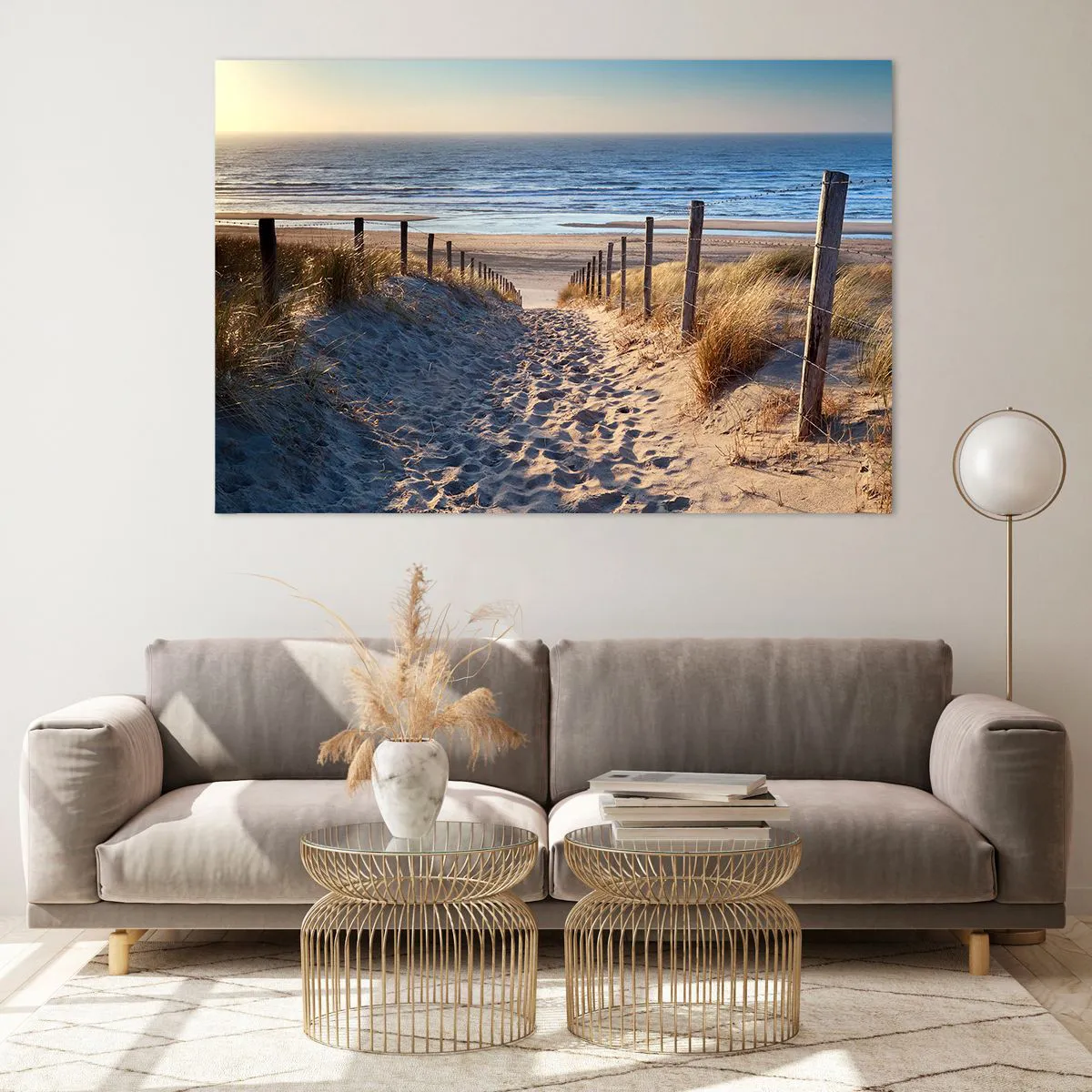 Cuadro sobre vidrio - Impresiones sobre Vidrio - Un camino a través de las dunas que conduce a una playa con un mar en calma. - 120x80cm - El sonido del mar, el canto de los pájaros, una playa virgen entre las dunas... - Decoración de pared moderna para s
