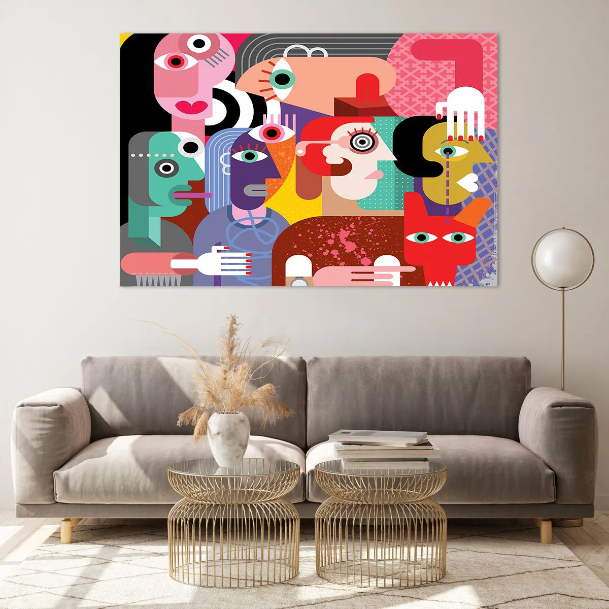 Impression sur verre - Image sur verre - Composition abstraite de visages aux couleurs vives - 120x80cm - Nous par M. Picasso - Décoration murale moderne pour le salon et la chambre ARTTOR