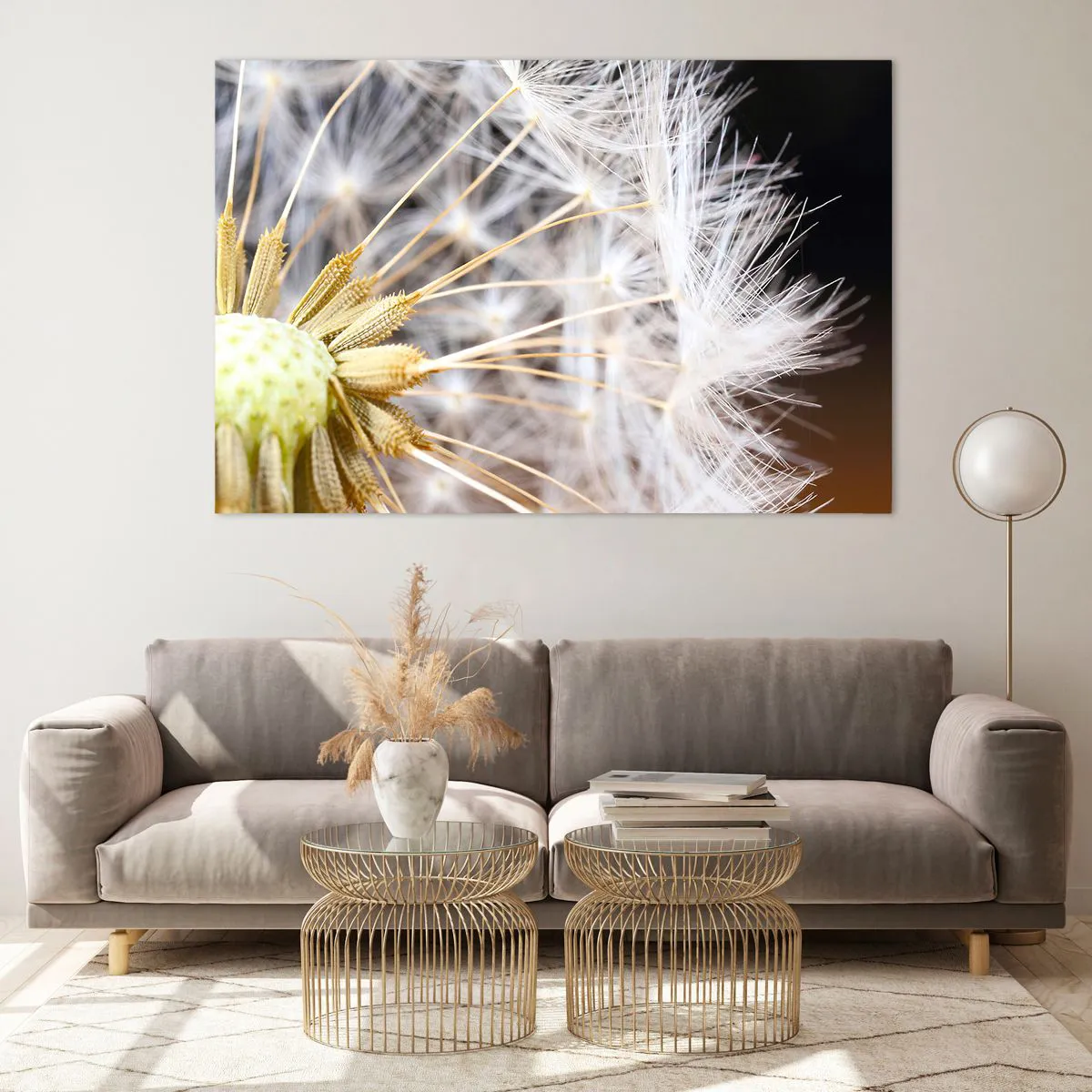 Glasbild - Bild auf glas - Nahaufnahme eines Löwenzahns mit zarten Samen - 120x80cm - Kurz vor dem Abflug - Moderne Wanddekoration für Wohnzimmer und Schlafzimmer ARTTOR