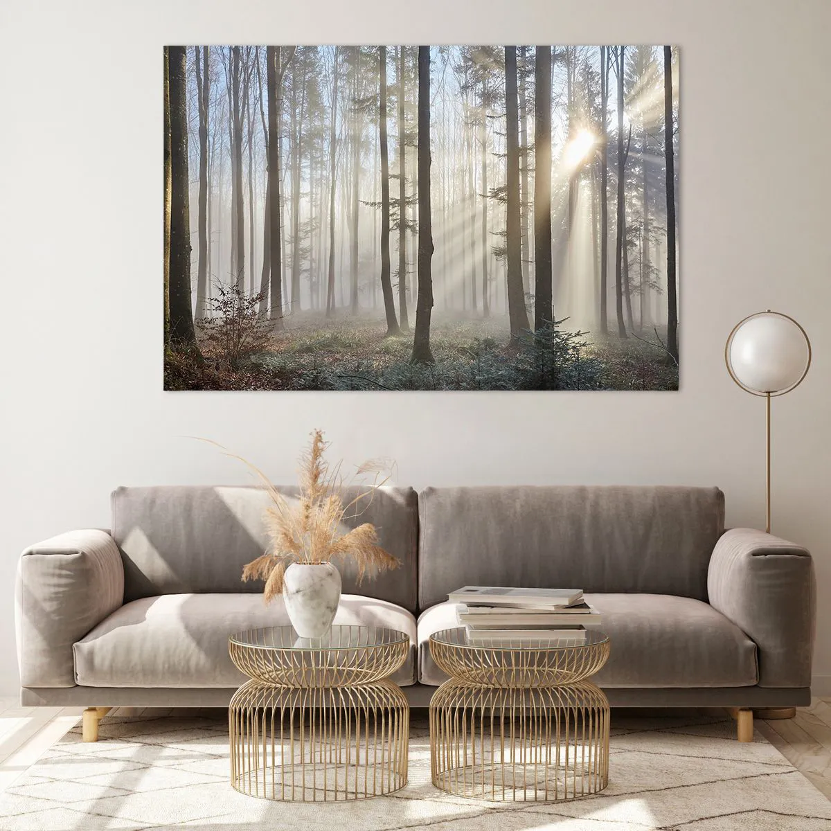 Glasbild - Bild auf glas - Morgensonnenstrahlen durchdringen den nebligen Wald - 120x80cm - Der Nebel ist auch aufgewacht - Moderne Wanddekoration für Wohnzimmer und Schlafzimmer ARTTOR