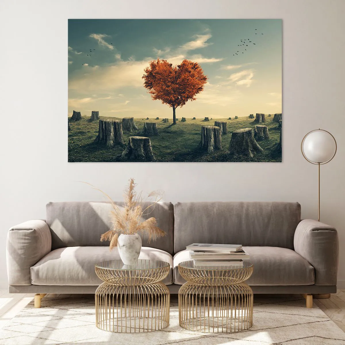 Cuadro sobre vidrio - Impresiones sobre Vidrio - Un árbol en forma de corazón rodeado de troncos talados en un claro. - 120x80cm - Todavía hay esperanza - Decoración de pared moderna para salón y dormitorio ARTTOR