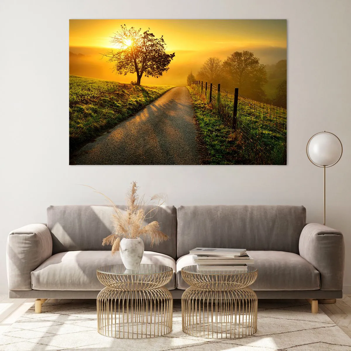 Quadro su vetro - Una strada attraverso un paesaggio rurale al tramonto - 120x80cm - Pomeriggio di miele - Decorazione murale moderna per soggiorno e camera da letto ARTTOR