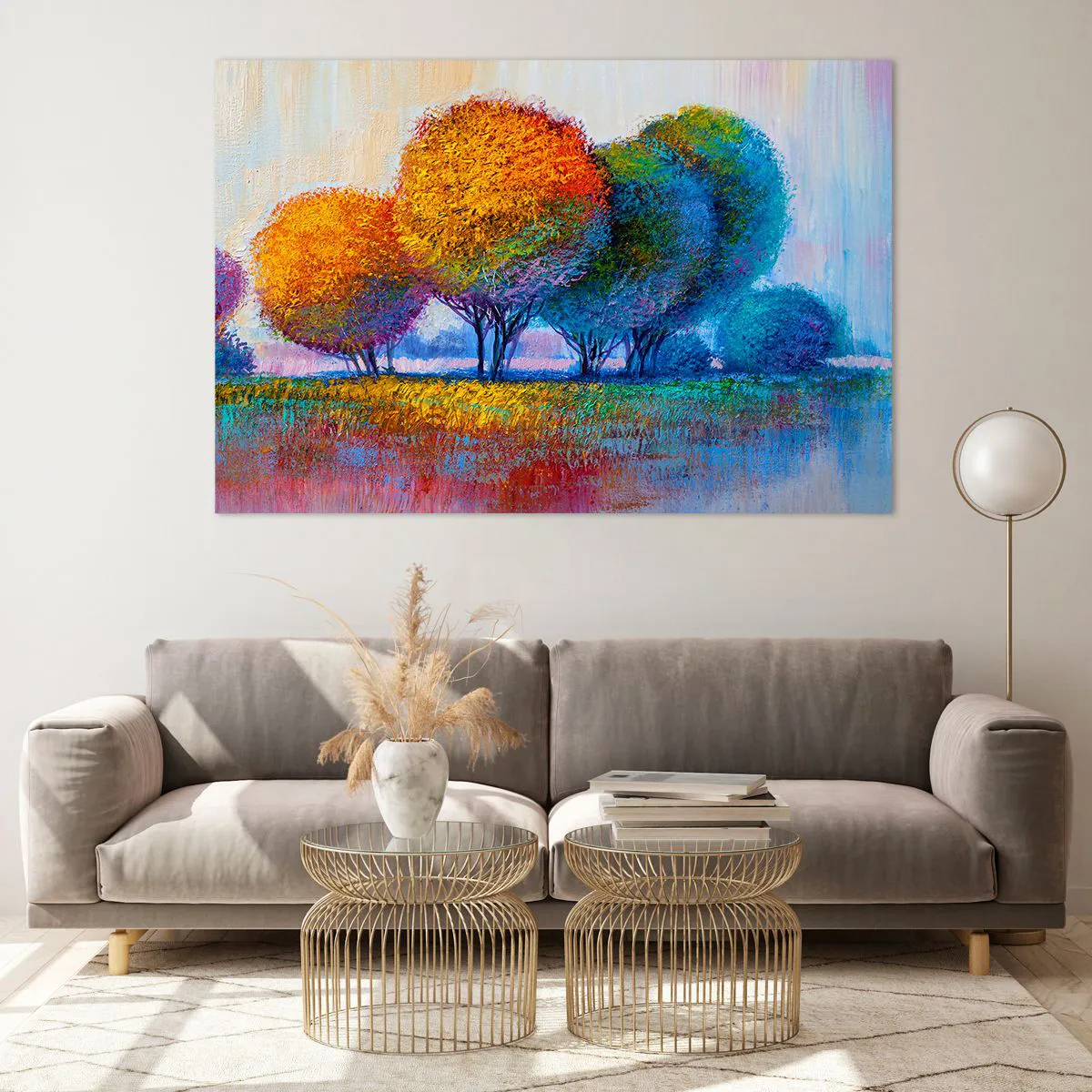 Impression sur verre - Image sur verre - Arbres colorés aux couleurs d'automne contre un ciel bleu - 120x80cm - Un bouquet de couleurs éclatantes - Décoration murale moderne pour le salon et la chambre ARTTOR