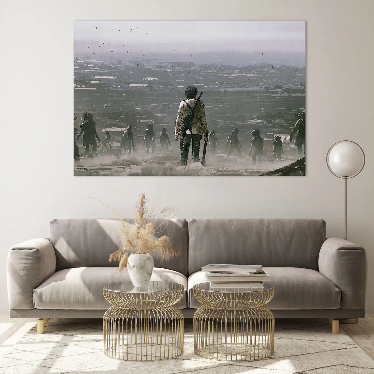 Obraz na szkle - Postać z karabinem w mrocznej scenerii zbliżającej się grupy - 120x80cm - Ostatni sprawiedliwy? - Nowoczesna dekoracja ścienna do salonu, kuchni i sypialni ARTTOR