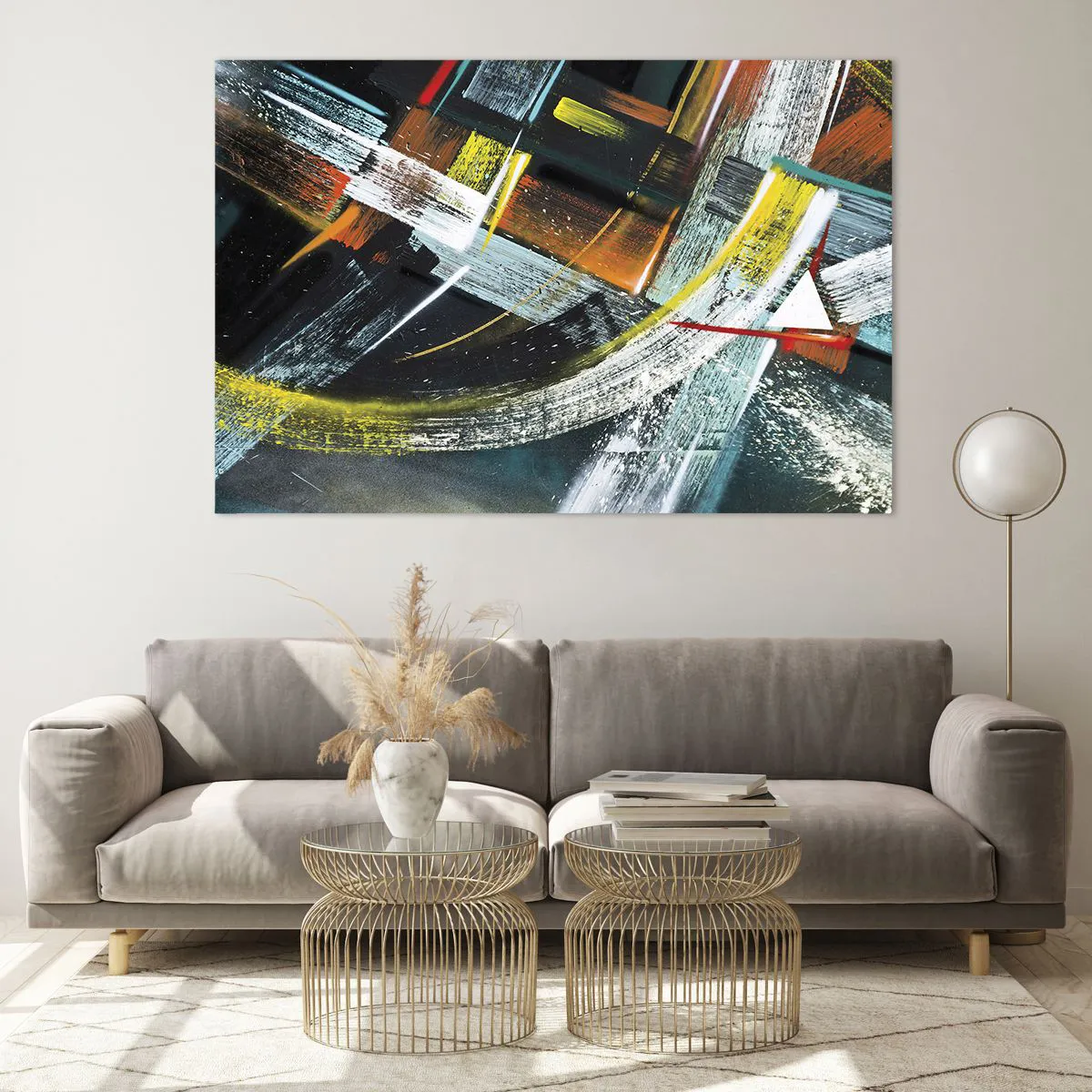 Glasbild - Bild auf glas - Dynamische Abstraktion mit bunten Pinselstrichen - 120x80cm - Energie der Bewegung - Moderne Wanddekoration für Wohnzimmer und Schlafzimmer ARTTOR