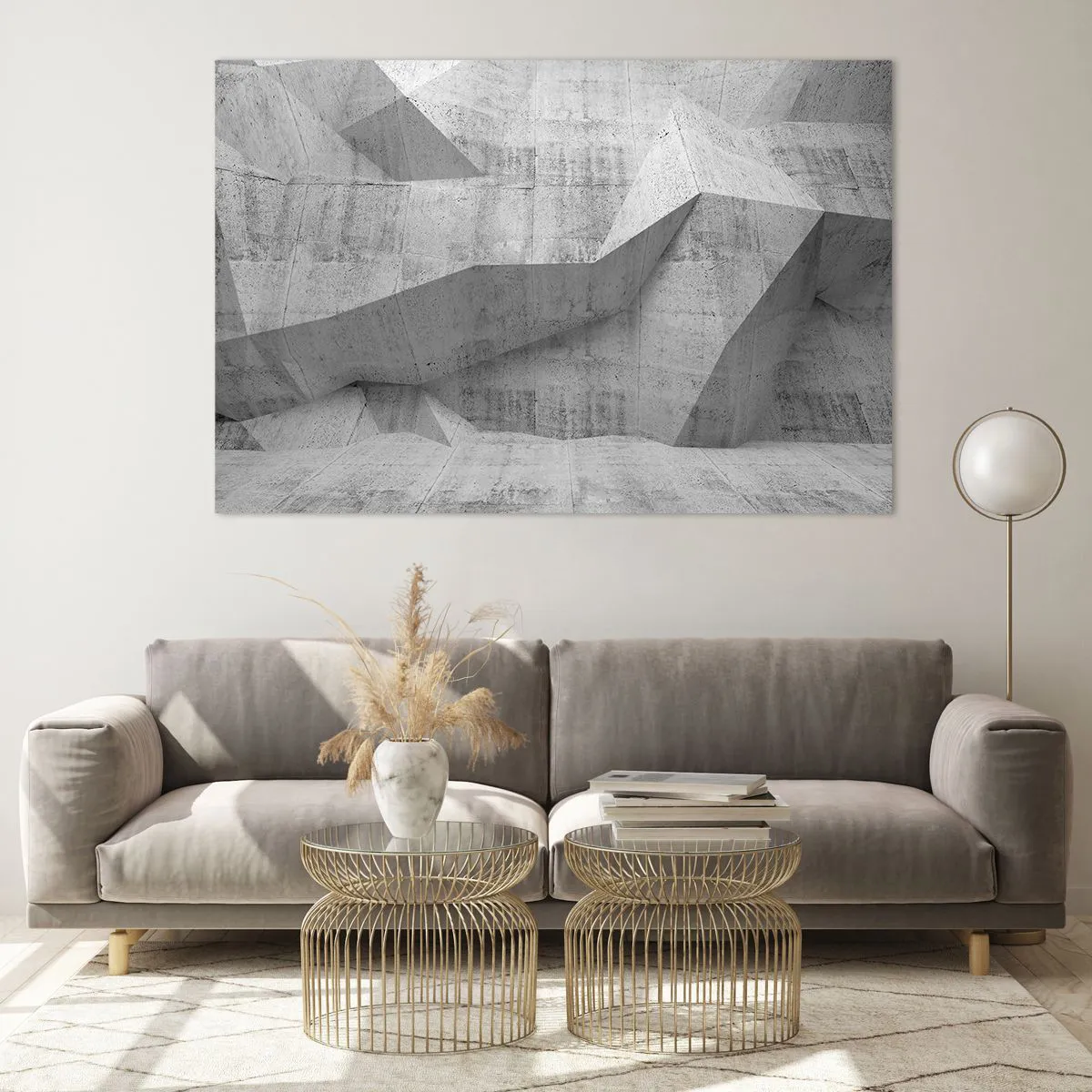 Quadro su vetro - Struttura geometrica in cemento nei toni del grigio - 120x80cm - Una vera sfida - Decorazione murale moderna per soggiorno e camera da letto ARTTOR