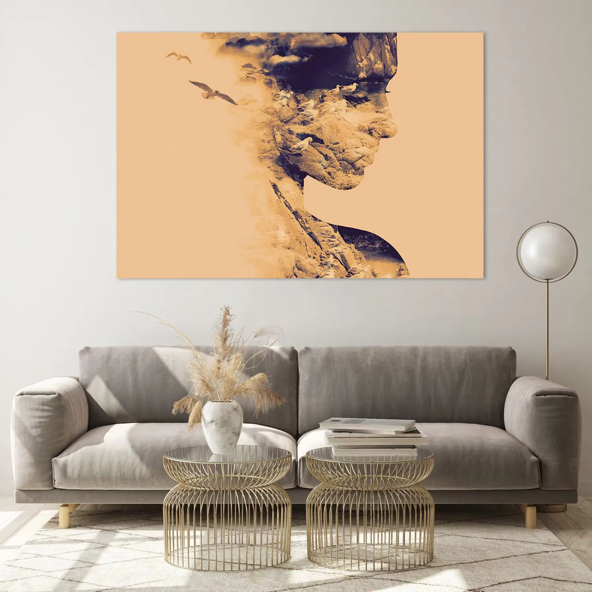 Impression sur verre - Image sur verre - Silhouette d'une femme avec un motif de paysage et d'oiseaux - 120x80cm - Beauté de la nature - Décoration murale moderne pour le salon et la chambre ARTTOR