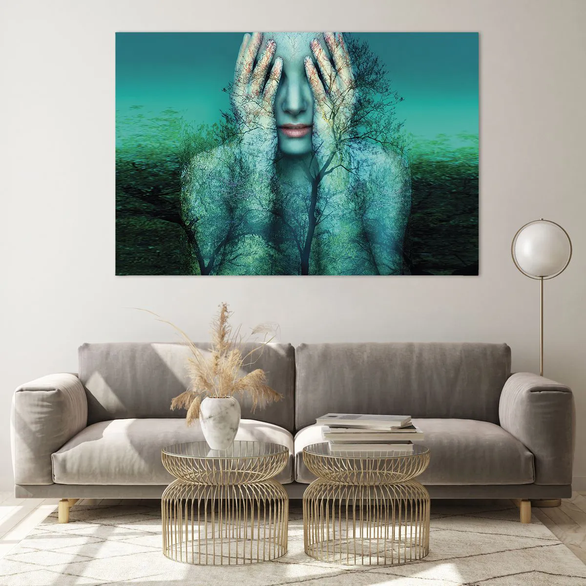 Cuadro sobre vidrio - Impresiones sobre Vidrio - Un rostro de mujer con un motivo de árbol en un entorno surrealista. - 120x80cm - Sumergida en azul - Decoración de pared moderna para salón y dormitorio ARTTOR