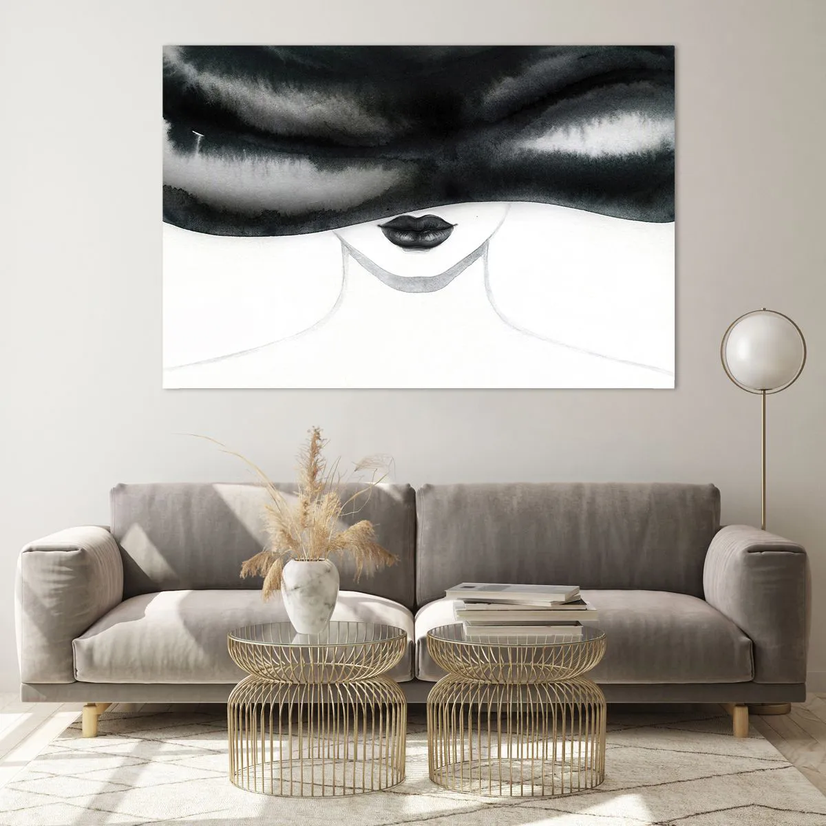 Glasbild - Bild auf glas - Geheimnisvolles Gesicht mit verdeckten Augen in Schwarz-Weiß-Aquarell - 120x80cm - Ein sinnliches Geheimnis - Moderne Wanddekoration für Wohnzimmer und Schlafzimmer ARTTOR