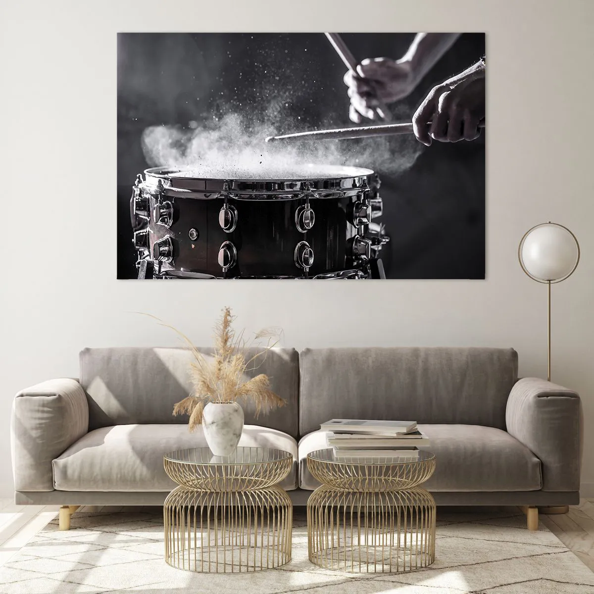 Obraz na szkle - Perkusja w ruchu z unoszącym się pudrem - 120x80cm - Puls muzyki - Nowoczesna dekoracja ścienna do salonu, kuchni i sypialni ARTTOR