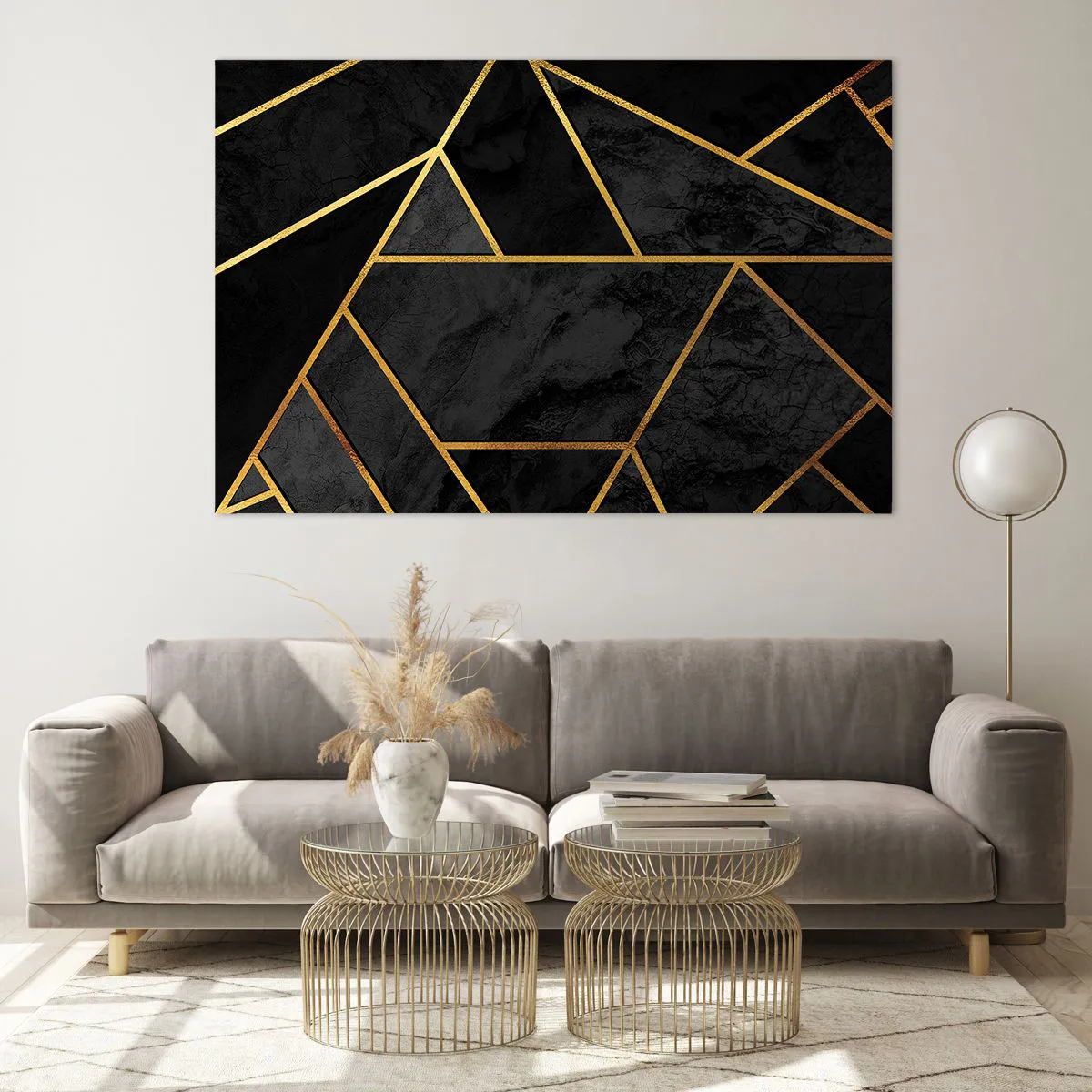 Impression sur verre - Image sur verre - Composition géométrique noire et dorée sur fond de marbre - 120x80cm - Obscurité et éclat - Décoration murale moderne pour le salon et la chambre ARTTOR