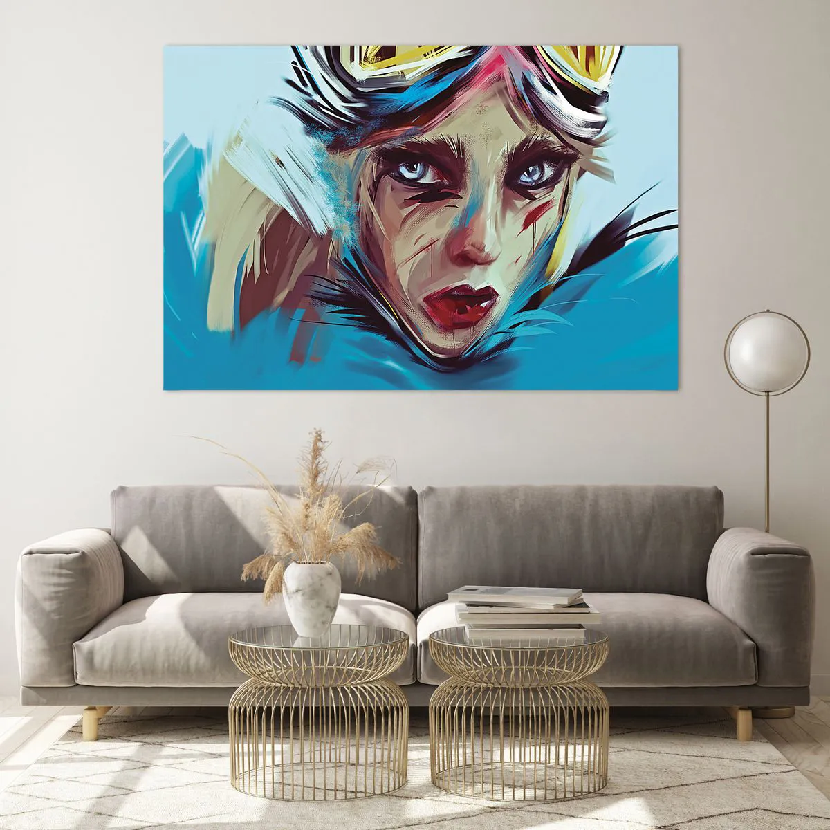 Glasbild - Bild auf glas - Porträt einer Frau mit Schutzbrille und blauen Pinselstrichen - 120x80cm - Strassenkämpferin - Moderne Wanddekoration für Wohnzimmer und Schlafzimmer ARTTOR