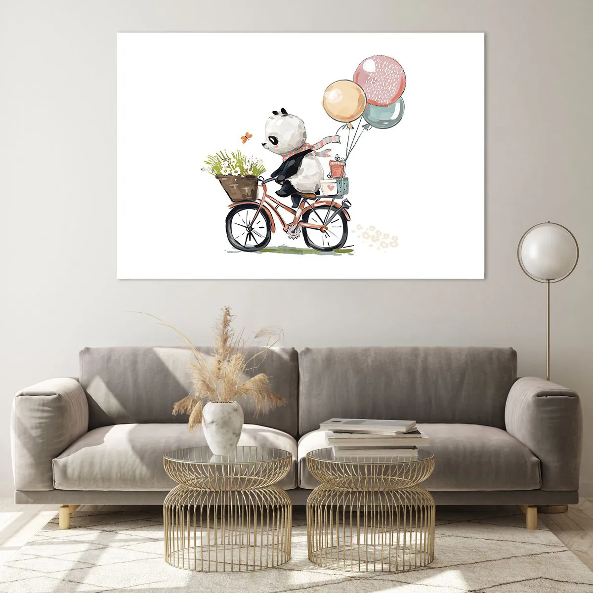 Glasbild - Bild auf glas - Ein Panda auf einem Fahrrad mit Luftballons und einem Blumenkorb. - 120x80cm - Glücklicher Tag - Moderne Wanddekoration für Wohnzimmer und Schlafzimmer ARTTOR
