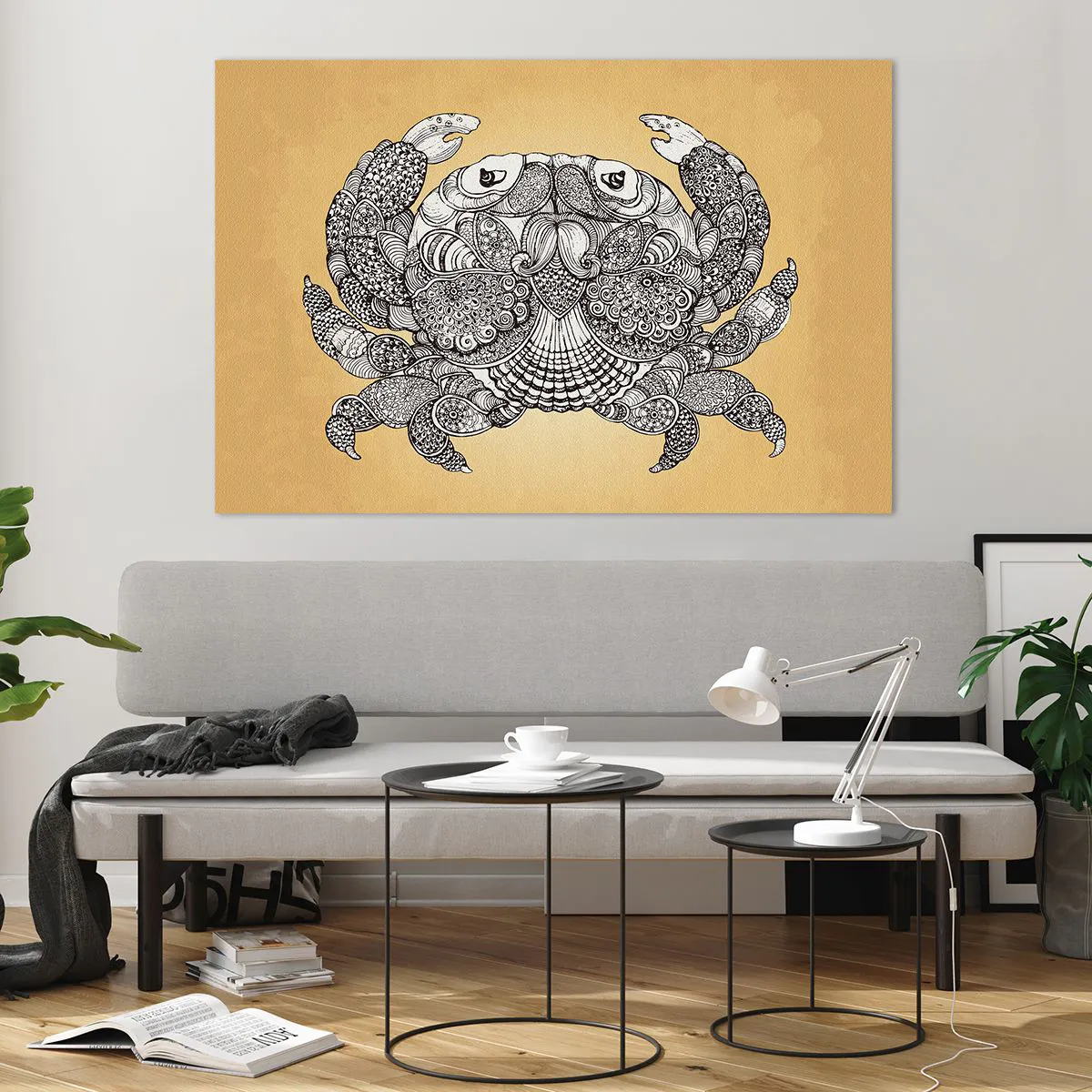 Cuadro sobre vidrio - Impresiones sobre Vidrio - Dibujo estilizado de un cangrejo con adornos sobre un fondo amarillo. - 120x80cm - Cuentos del Sr. Cangrejo - Decoración de pared moderna para salón y dormitorio ARTTOR