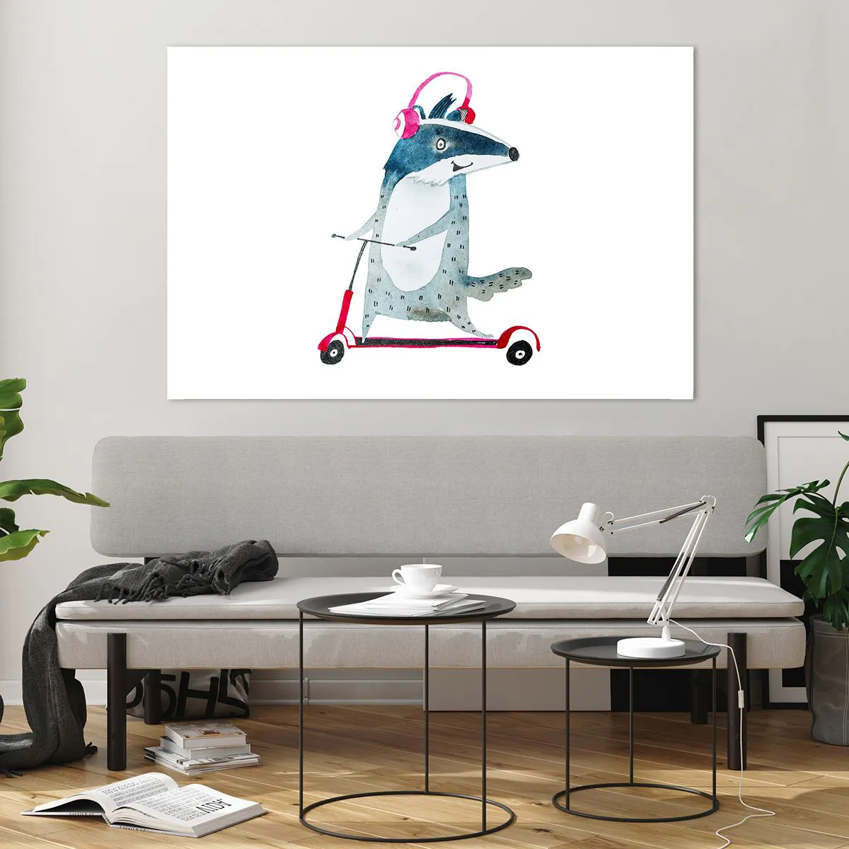 Glasbild - Bild auf glas - Dachs mit Kopfhörern auf einem Aquarell-Roller - 120x80cm - Dachsfreude - Moderne Wanddekoration für Wohnzimmer und Schlafzimmer ARTTOR