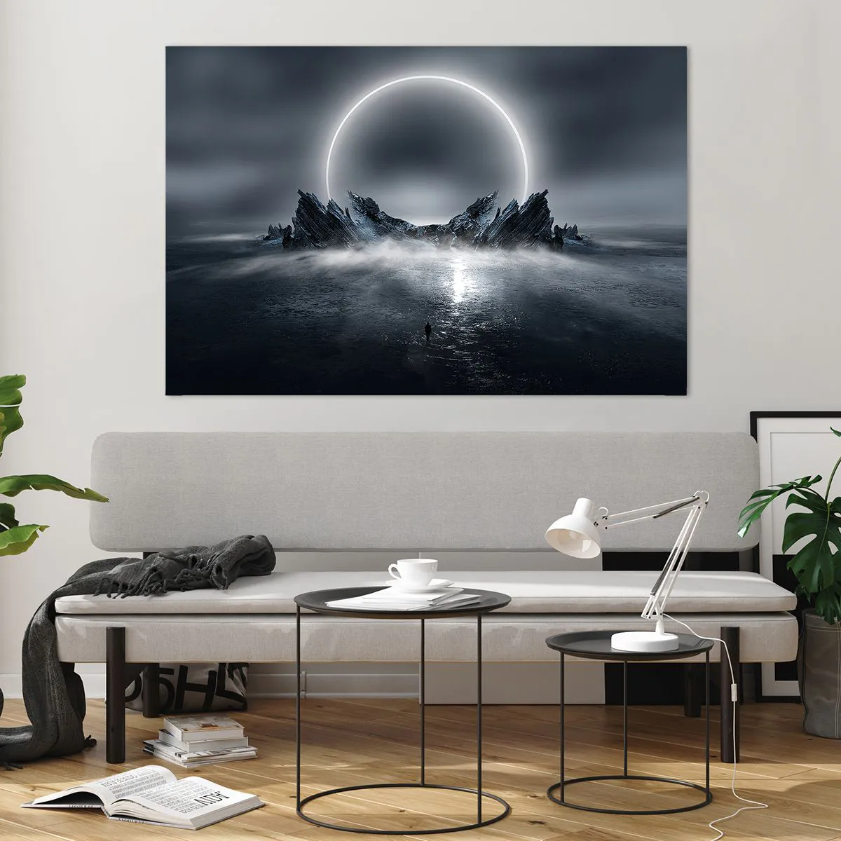 Cuadro sobre vidrio - Impresiones sobre Vidrio - Escena oscura con eclipse e isla rocosa. - 120x80cm - El final del cuento - Decoración de pared moderna para salón y dormitorio ARTTOR