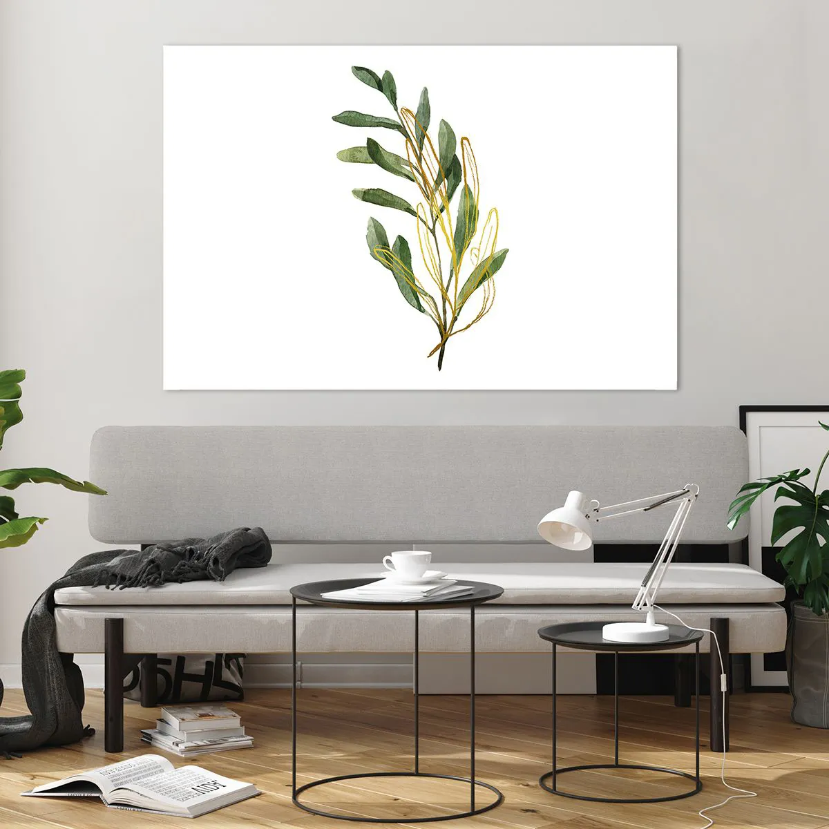 Glasbild - Bild auf glas - Ein grüner Zweig mit einem zarten goldenen Akzent - 120x80cm - Alles was gut ist - Moderne Wanddekoration für Wohnzimmer und Schlafzimmer ARTTOR