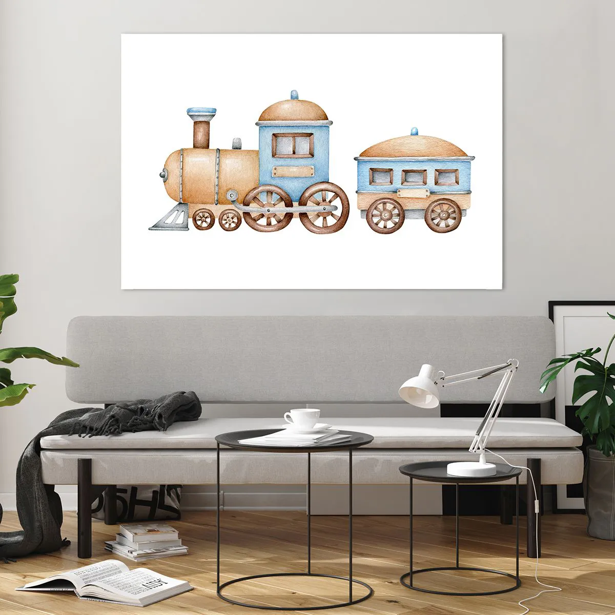 Obraz na szkle - Ilustracja pociągu parowego w odcieniach błękitu i beżu na białym tle - 120x80cm - Stoi na stacji... - Nowoczesna dekoracja ścienna do salonu, kuchni i sypialni ARTTOR