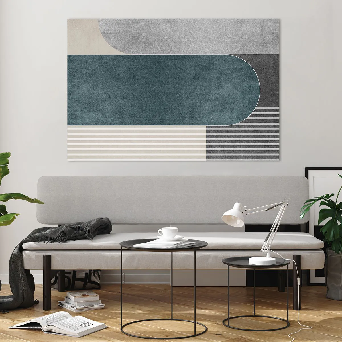 Obraz na szkle - Geometryczna forma w szarościach, beżu i zieleni - 120x80cm - Kompozycja na poziomie - Nowoczesna dekoracja ścienna do salonu, kuchni i sypialni ARTTOR