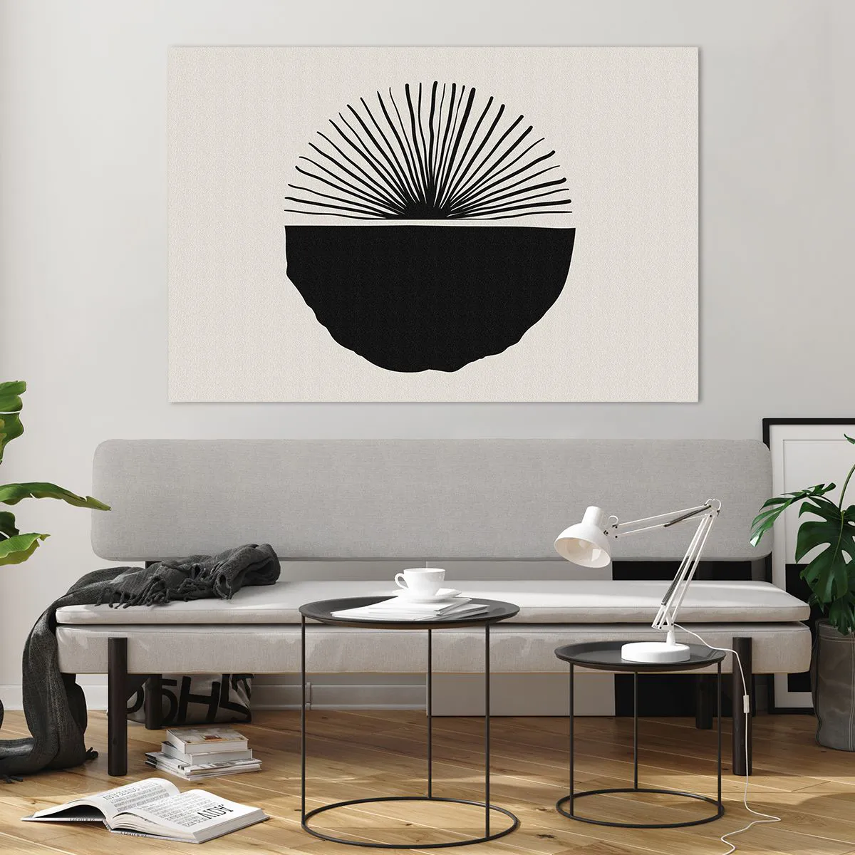 Glasbild - Bild auf glas - Eine schwarze geometrische Form mit einem Fächer aus Linien auf cremefarbenem Hintergrund. - 120x80cm - Eine Reihe von Möglichkeiten - Moderne Wanddekoration für Wohnzimmer und Schlafzimmer ARTTOR