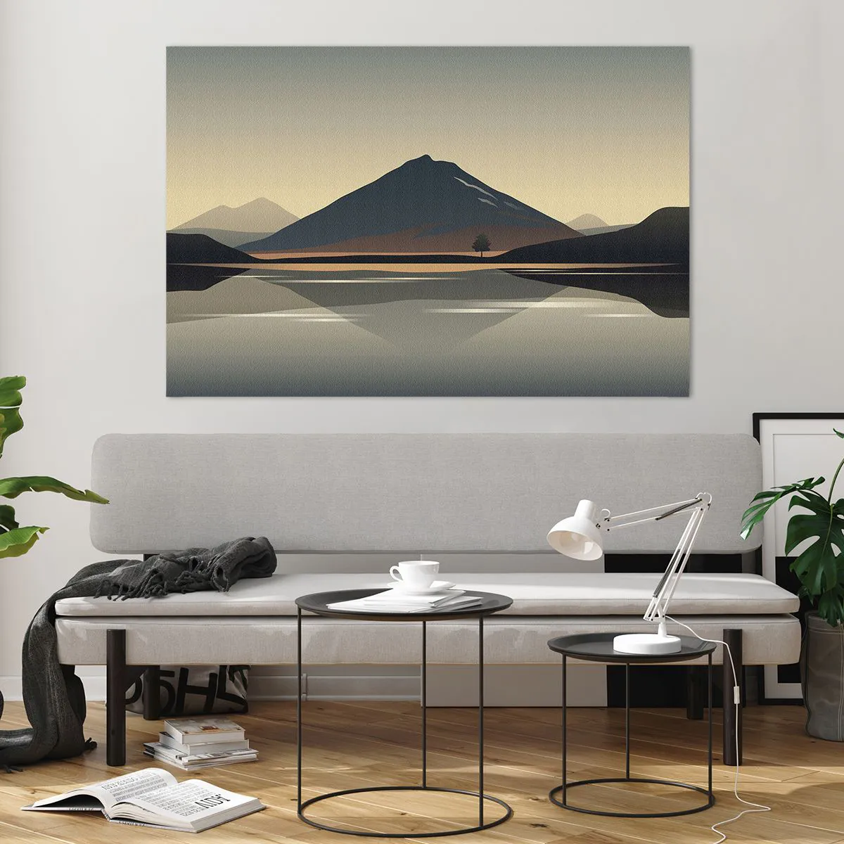 Glasbild - Bild auf glas - Berge und See in warmen Tönen mit reflektierendem Effekt - 120x80cm - Spiegelreflexion - Moderne Wanddekoration für Wohnzimmer und Schlafzimmer ARTTOR