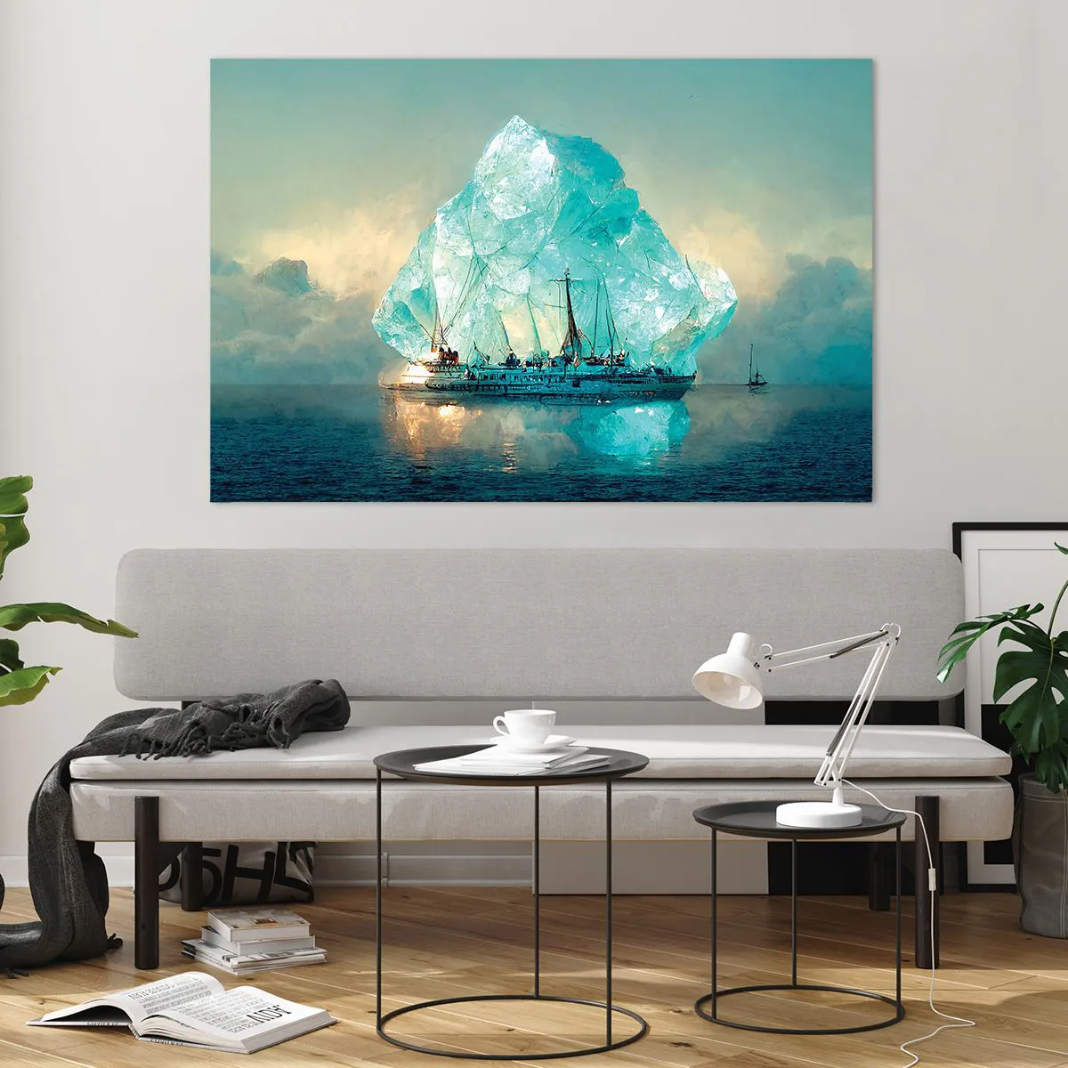 Cuadro sobre vidrio - Impresiones sobre Vidrio - Un velero frente a un enorme glaciar en la luz del Ártico. - 120x80cm - Diamante ártico - Decoración de pared moderna para salón y dormitorio ARTTOR