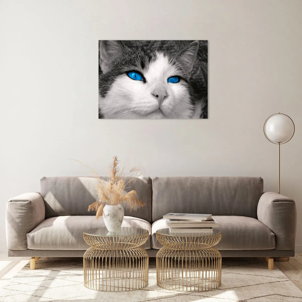 Quadro em vidro - Uma foto em preto e branco de um gato com olhos azuis intensos. - 70x50cm - Raridade de olhos azuis - Decoração de parede moderna para a sala de estar e quarto ARTTOR