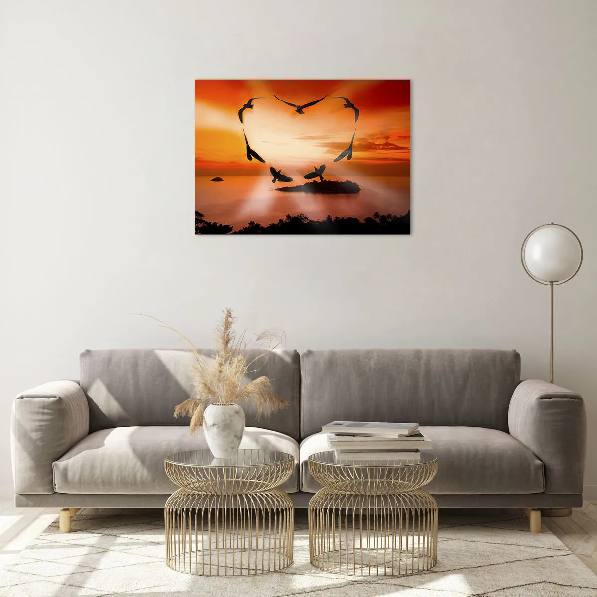 Glass picture - Birds forming a heart against the backdrop of a sunset - 70x50cm - Love the World Like Birds - Modern wall decoration for the living room and bedroom ARTTOR