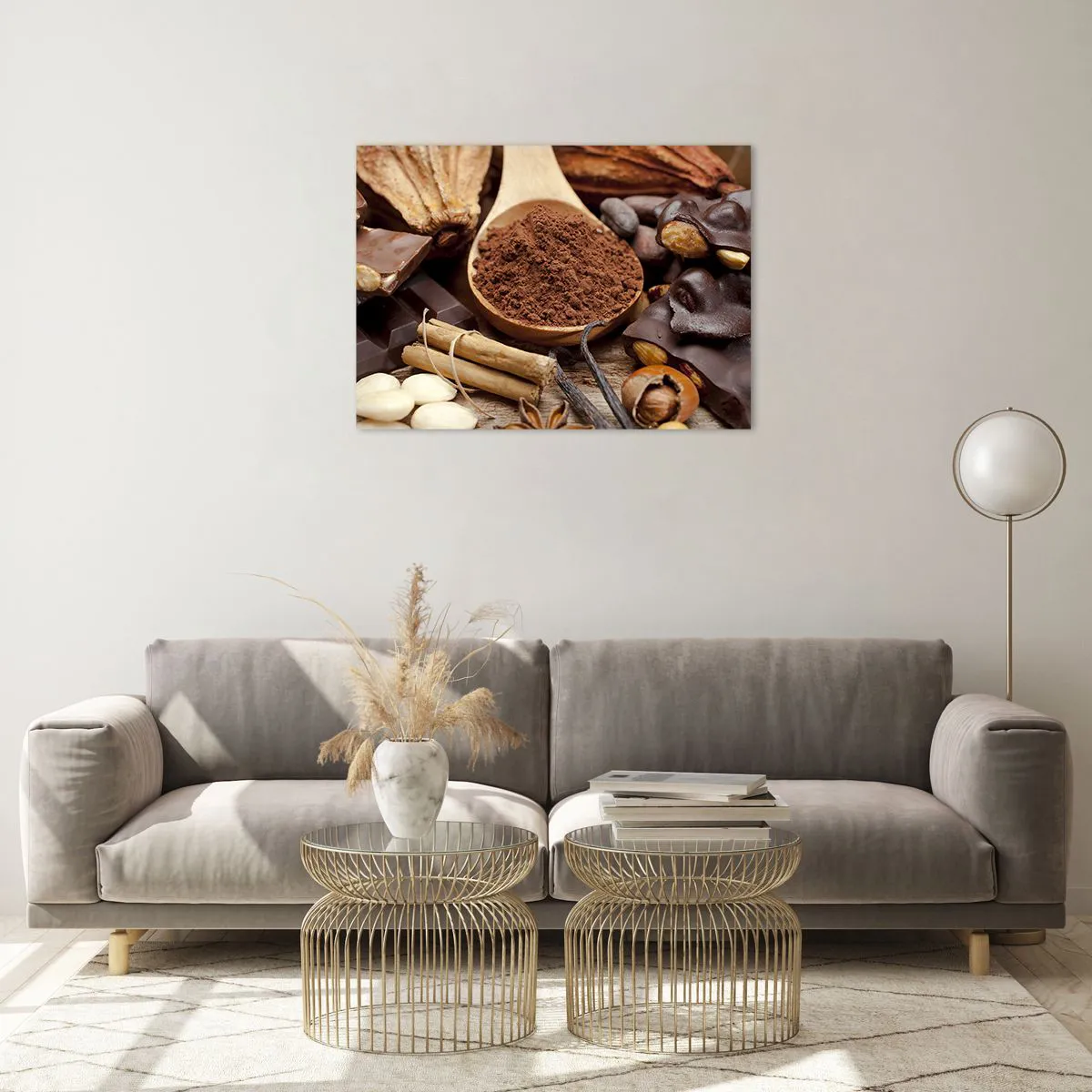 Glass picture - A spoonful of cocoa surrounded by chocolate, spices and nuts - 70x50cm - Best for Stress - Modern wall decoration for the living room and bedroom ARTTOR