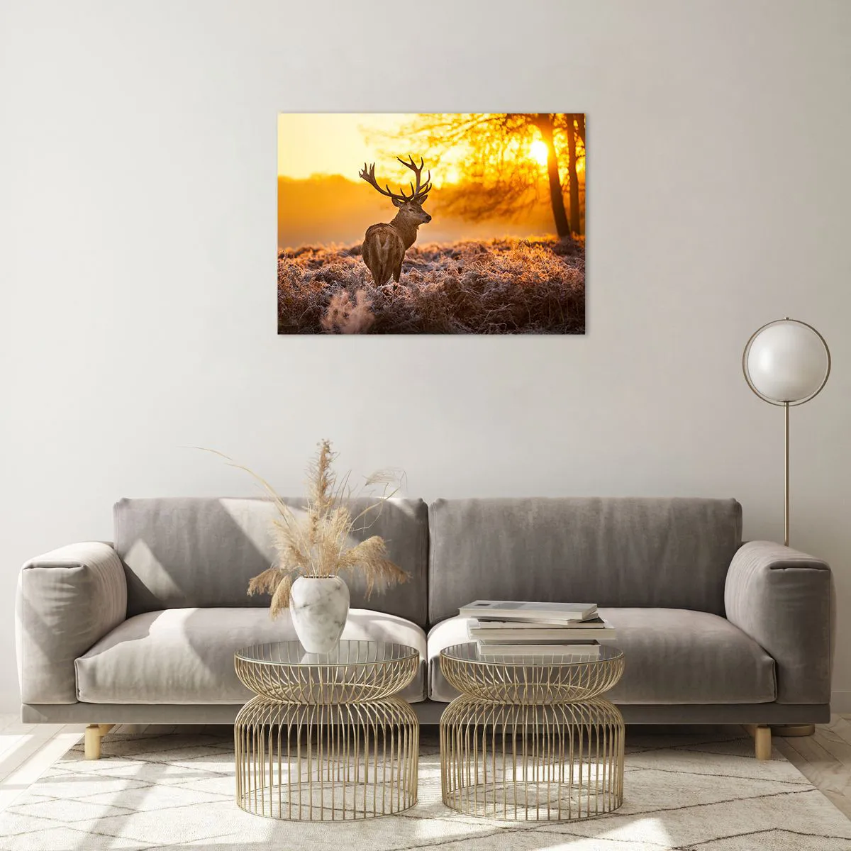 Cuadro sobre vidrio - Impresiones sobre Vidrio - Ciervos bajo los rayos del sol naciente - 70x50cm - Rey del bosque de otoño - Decoración de pared moderna para salón y dormitorio ARTTOR