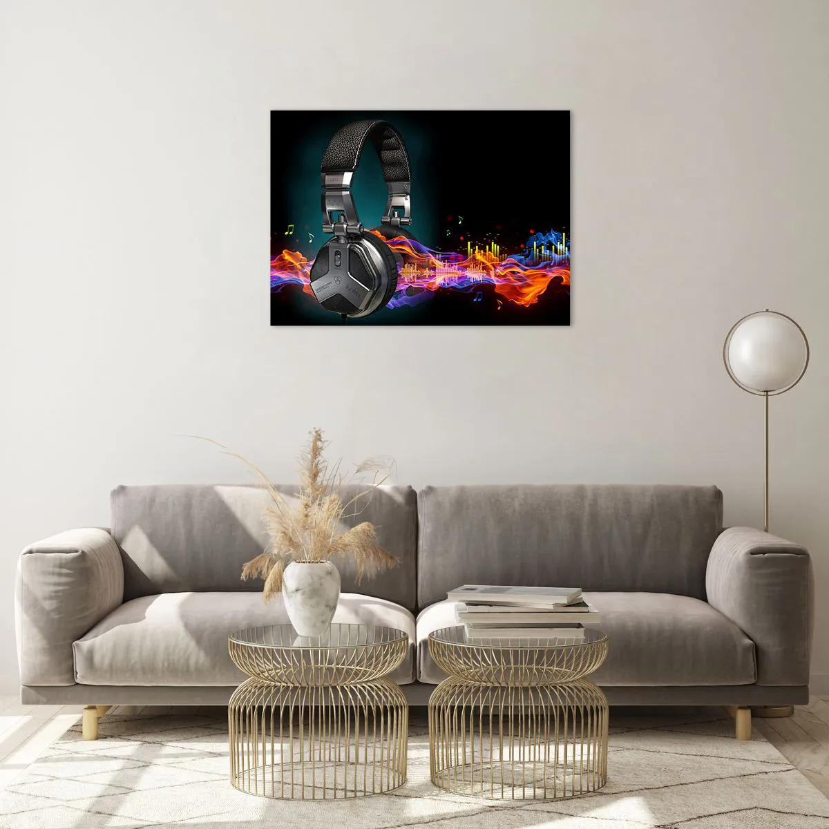 Obraz na skle - DJ sluchátka s barevnými zvukovými vlnami a hudebními notami - 70x50cm - V ohni hudby - Moderní nástěnná dekorace do obývacího pokoje a ložnice ARTTOR