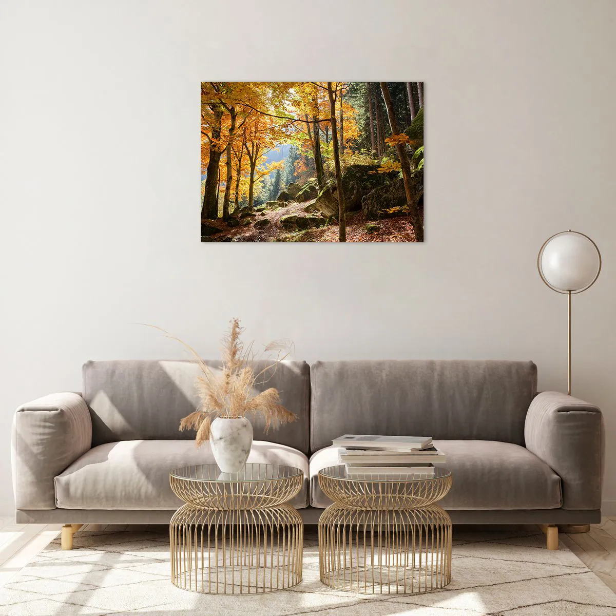 Obraz na skle - Jesenný les so slnečnými lúčmi a kameňmi - 70x50cm - Čas na odpočinok - Moderná nástenná dekorácia do obývacej izby a spálne ARTTOR