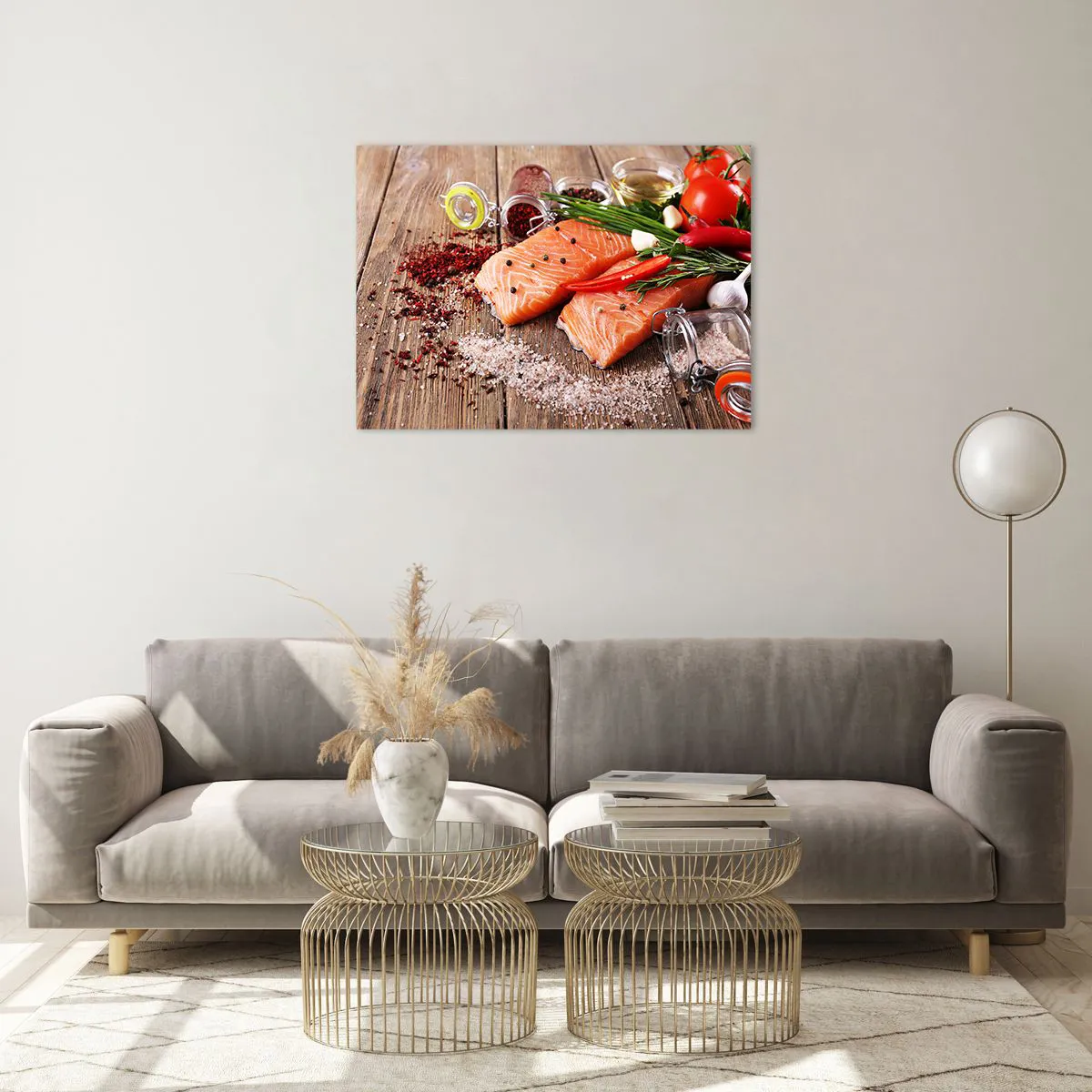 Glasbild - Bild auf glas - Lachsfilets mit Gewürzen auf einer Holzarbeitsplatte - 70x50cm - Norwegisches Abenteuer in der Küche - Moderne Wanddekoration für Wohnzimmer und Schlafzimmer ARTTOR